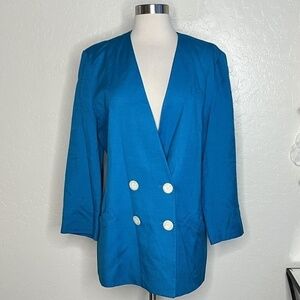 Vintage Jacqueline Ferrar Blazer Womens 12 Blue Double Breasted Jacket Coat